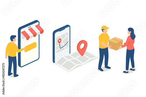 Online shopping process with mobile store, location tracking, and delivery service