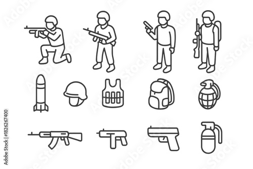 Military soldier weapons and tactical combat equipment outline symbols