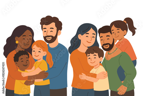 Group portrait of two diverse families embracing their smiling children
