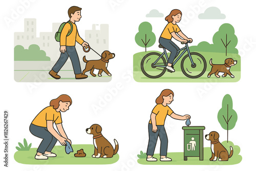 People walking dogs on leashes, cycling, and cleaning up pet waste in public parks