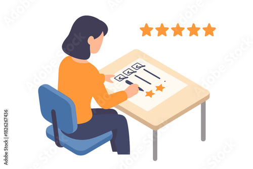 Customer giving high marks on a service quality survey by checking boxes and rating stars