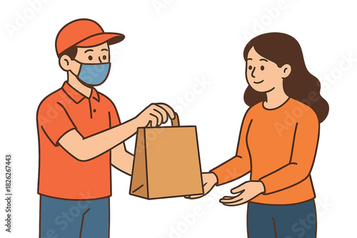 Delivery worker in mask handing paper bag package to female customer receiving online order