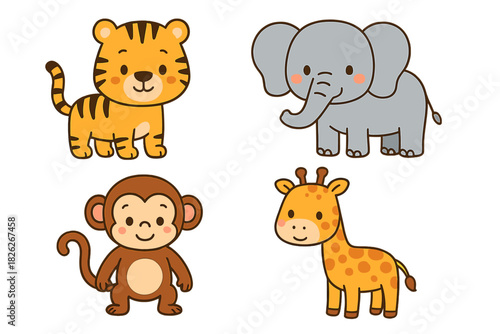 Photography Adorable cartoon safari animals including tiger elephant monkey and giraffe