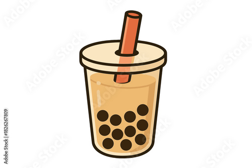 Sweet milk tea beverage with brown tapioca pearls and straw in a plastic cup