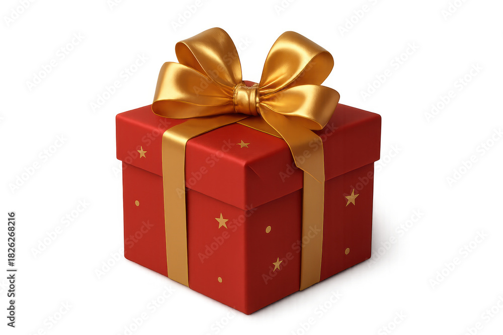 Obraz premium Red gift box with golden ribbon and bow, celebrating holidays, birthdays, and special occasions, with transparent background