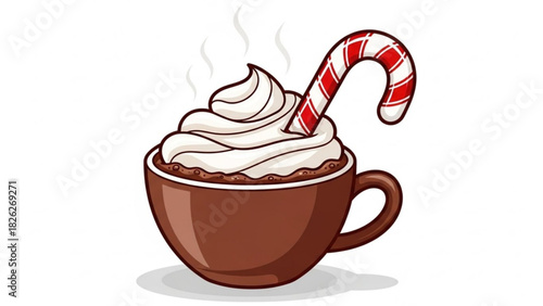 Hot chocolate with whipped cream and candy cane isolated on white background