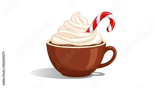 Hot chocolate with whipped cream and candy cane isolated on white background