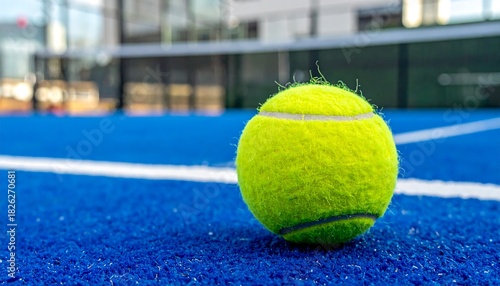 Close-up of a vibrant yellow tennis ball resting on a blue tennis court, with the net visible in the blurred background.
