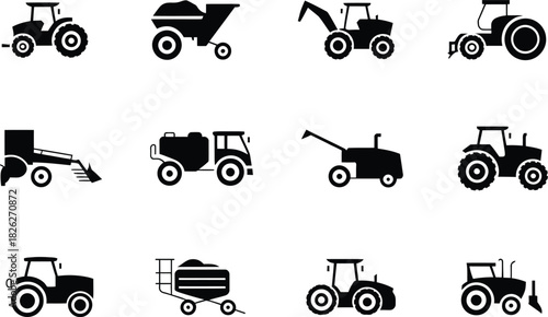 Silhouette Agricultural Machinery Icons Set. Tractor, Excavator, Harvester, Farming Vector Illustration