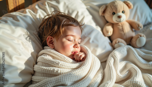 Sleeping child wrapped in blanket beside teddy bear in sunlight - Concept of  Bronchitis treatment 