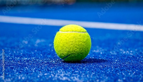 A bright yellow tennis ball rests on a textured blue court surface, casting a soft shadow.