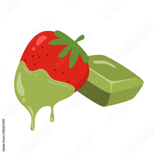 Strawberry dipped in melted matcha. Illustration for tasty and sweet dessert design, cafe menu, packaging, and stickers