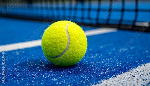 A bright yellow tennis ball sits on a blue tennis court with a net visible in the background.