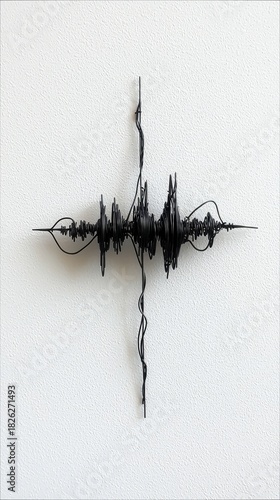 An abstract black sculpture resembling a sound wave or ECG graph is mounted on a textured white wall. The artwork is made of thin, tangled wire, creating a comp