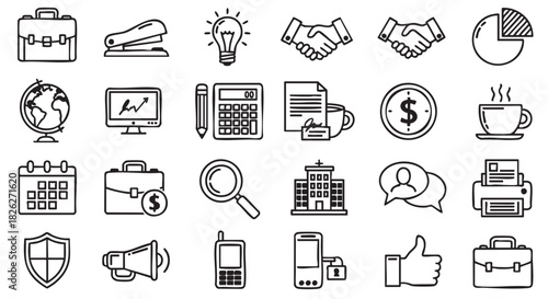 Business and office icon set in hand drawn style vector