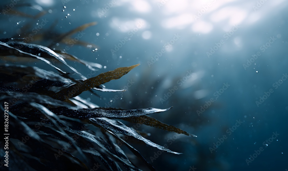 Fototapeta premium underwater scene featuring dense black algae strands gently flowing in marine currents, deep ocean blue environment, soft rays of sunlight penetrating from above, tiny air bubbles rising, glossy wet 