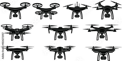 Set of modern quadcopter drone silhouettes with cameras, detailed flying device icons for technology, aerial photography, surveillance, aviation design, vector illustration collection