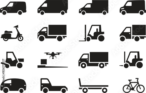 Silhouette Industrial and Delivery Icons Set. Van, Forklift, Drone, Transport Vector Illustration