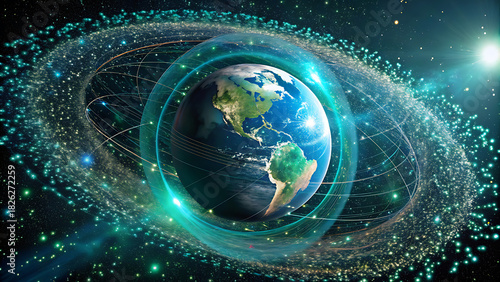 Global network connection data surrounding planet earth sphere