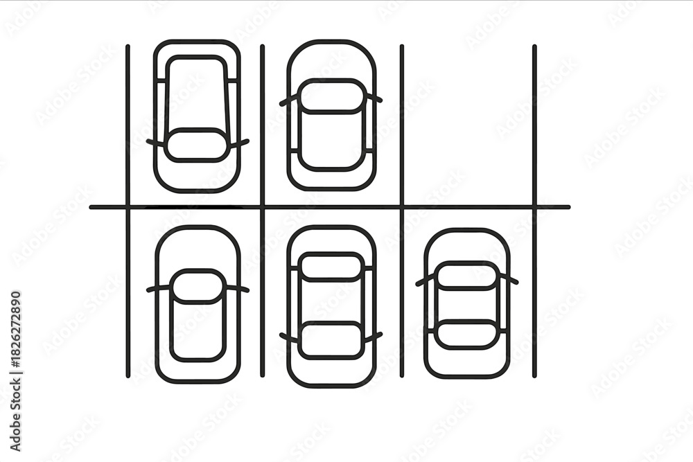 Obraz premium Minimalist overhead view of five cars parked in a structured grid pattern parking lot
