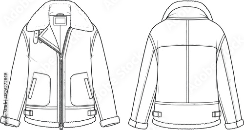 Shearling jacket fashion sketch, asymmetrical zipper design, buckle strap hem detail, patch pocket front view, cad drawing flat vector illustration