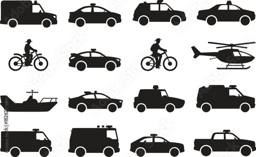 Silhouette Vehicles and Transportation Icons Set. Car, Bicycle, Helicopter, Boat Vector Illustration