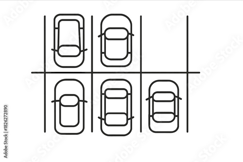 Minimalist overhead view of five cars parked in a structured grid pattern parking lot