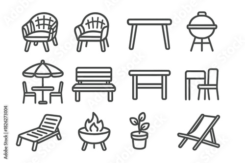 Set of garden furniture, patio seating, and barbecue equipment for outdoor living