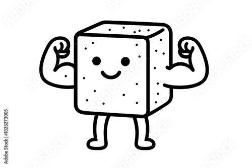 Simple black and white line art of a cute cartoon cube character flexing muscles and showing physical power