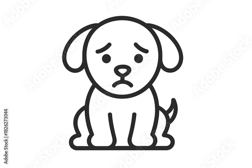 Minimalist black line drawing of a small sad puppy sitting with droopy ears