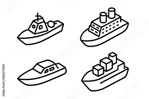 Black and white isometric line icons set depicting various marine transport vessels and ships