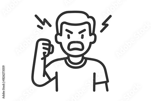 Monochrome outline drawing of an angry man shouting with a raised fist and lightning bolts of rage