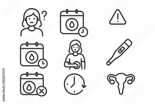 Outline icons for female reproductive health, menstrual cycle tracking, and fertility awareness