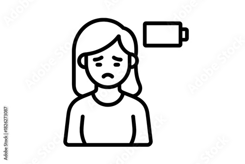 Woman experiencing burnout and low energy symbolized by an empty battery icon