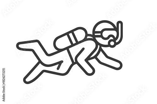 Scuba diver swimming underwater with oxygen tank and mask in simple line style