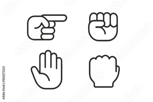 Minimal outline symbols showing common hand gestures including pointing finger and closed fists