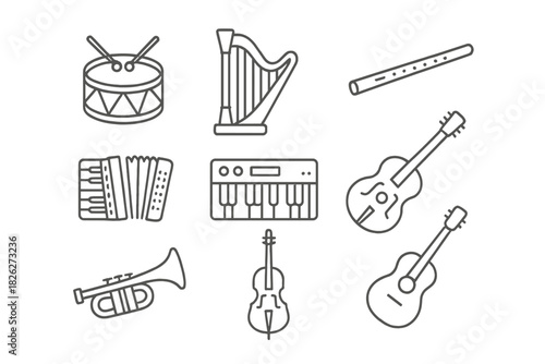 Various musical instruments icons including guitar, drum, harp, trumpet, and keyboard
