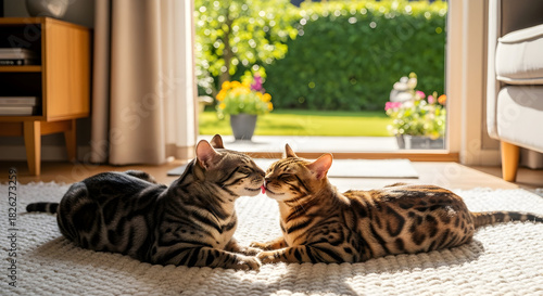Two Bengal cats touching noses while lying on a rug in front of a bright window.
