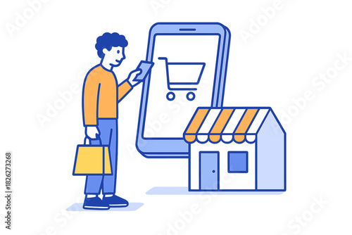 Customer shopping online using a smartphone next to a small retail store icon representing mobile commerce