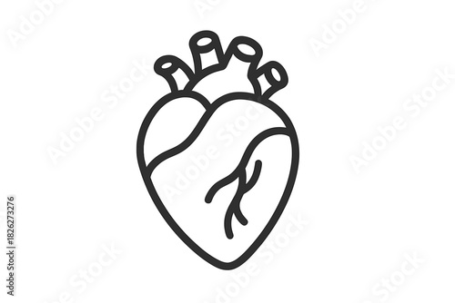 Minimalist black outline of the human anatomical heart used for medical and health concepts