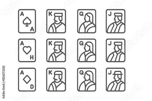 High ranking playing cards Ace King Queen and Jack in simple outline style
