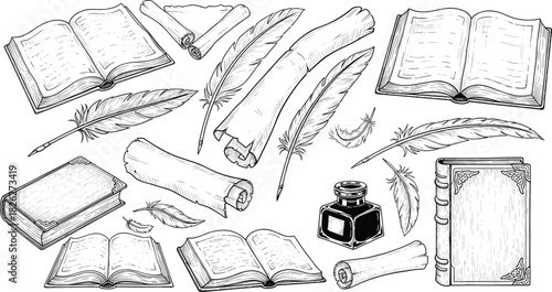 Set of vintage engraved writing tools, including feather quills, parchment scrolls, open and closed books, and ink bottle, isolated vector illustration for education and literature.