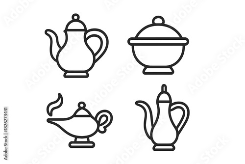 Outline icons of traditional Arabic serving vessels, dallah, teapot, and magic lamp
