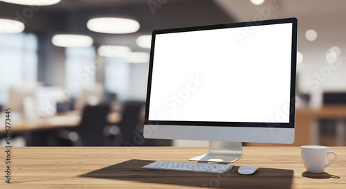 Modern computer with a blank white screen on a wooden desk in a contemporary office setting.