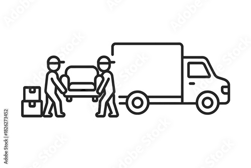 Professional moving service workers loading furniture and boxes onto a delivery truck for relocation