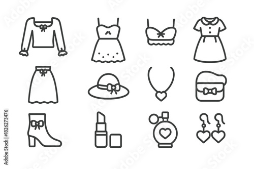Apparel, footwear, jewelry, and makeup items for women's style and beauty