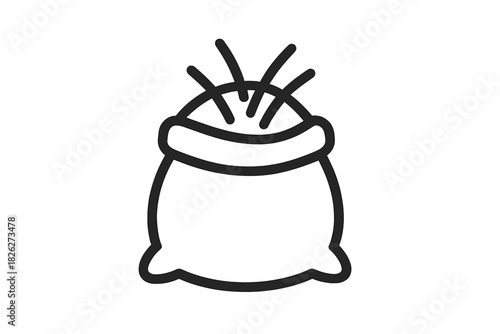 Minimalist black and white line drawing of an open sack overflowing with crops