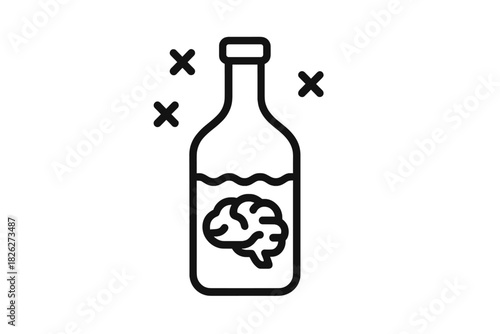 Brain submerged in liquid inside a bottle representing addiction or cognitive damage