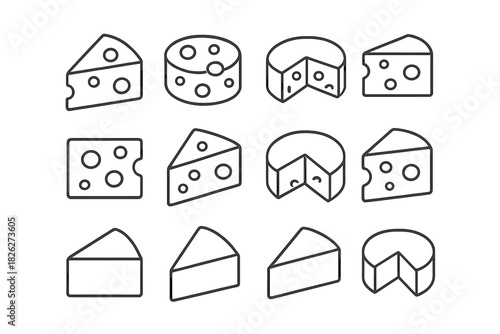 Outline style collection of various dairy cheese products showing whole wheels, wedges, and blocks