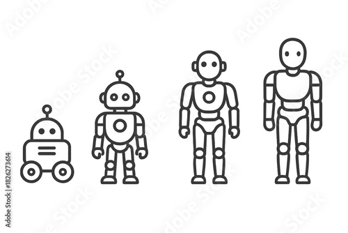 Black and white line icons illustrating the technological evolution of robots and androids